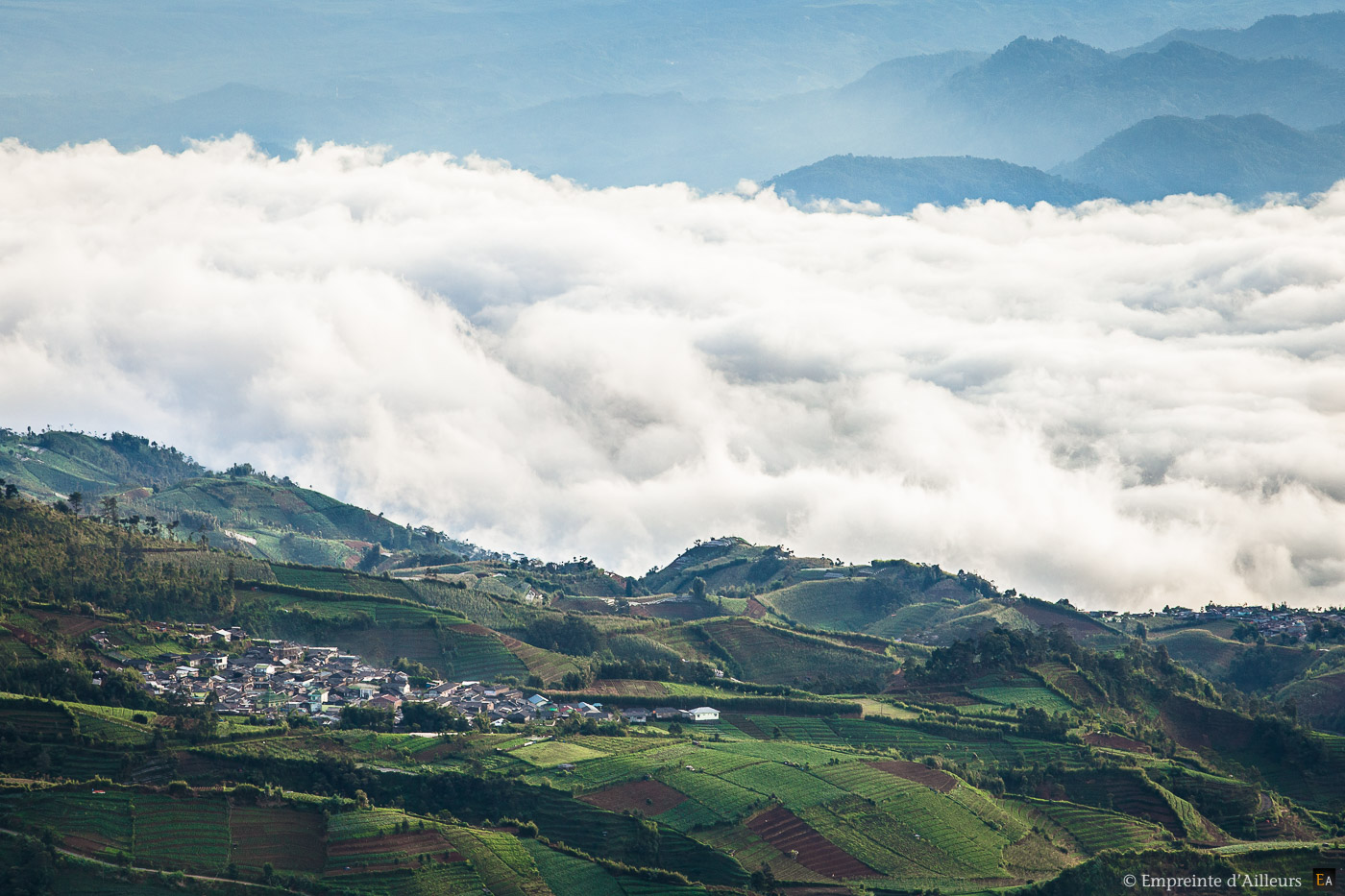 Village côtier sur mer de nuage